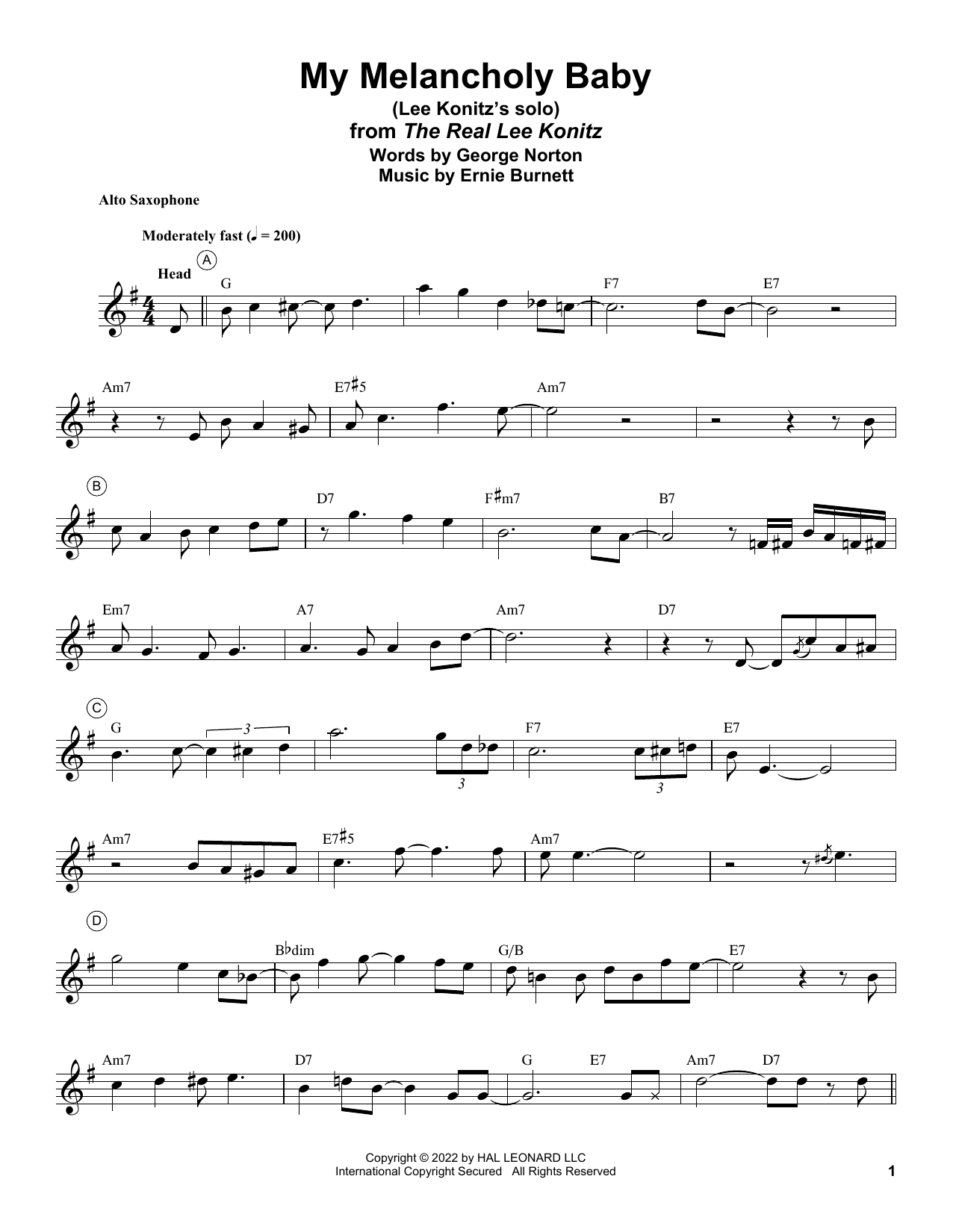 Download Lee Konitz My Melancholy Baby Sheet Music and learn how to play Alto Sax Transcription PDF digital score in minutes