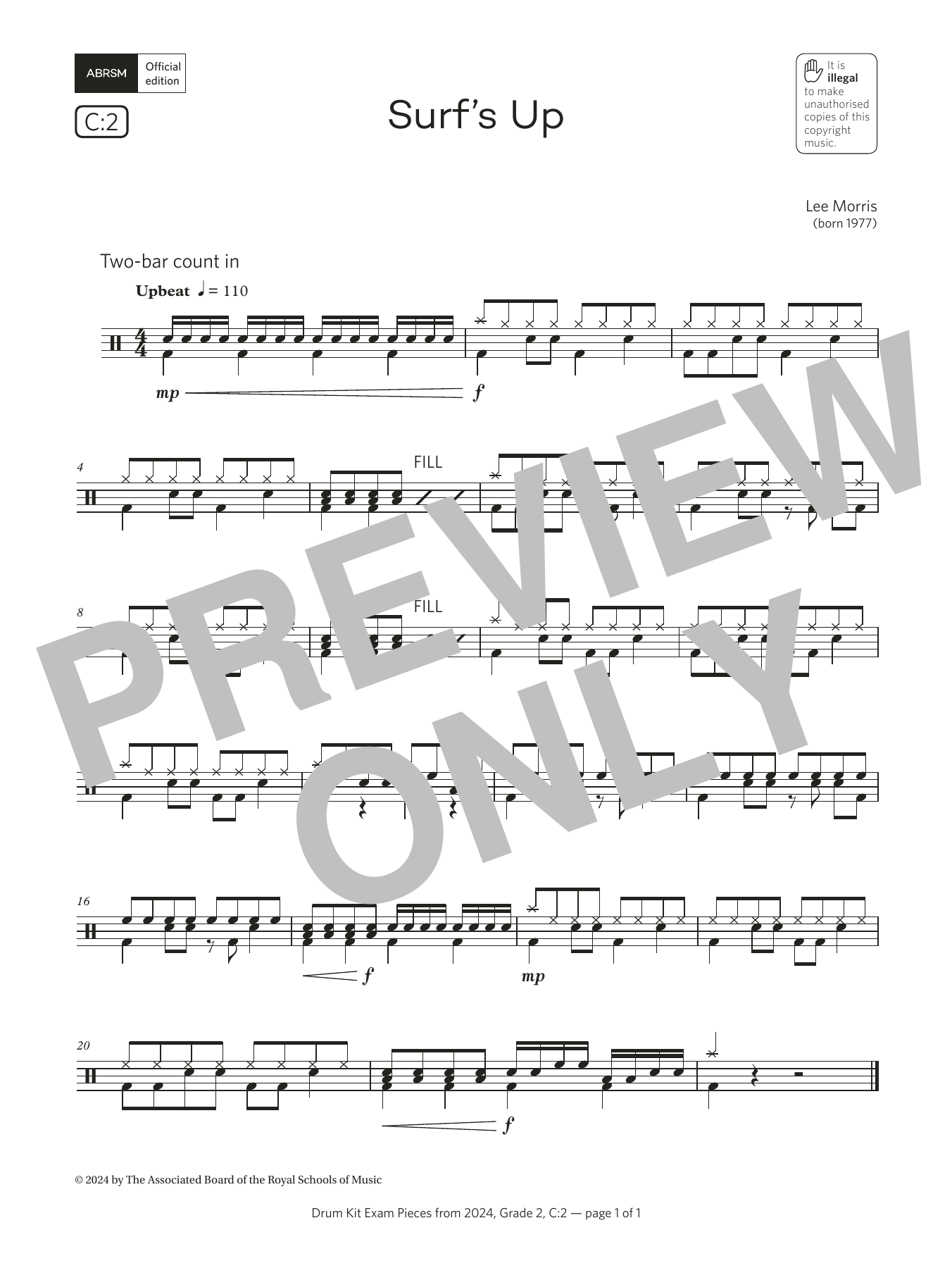 Download Lee Morris Surf's Up (Grade 2, list C2, from the ABRSM Drum Kit Syllabus 2024) Sheet Music and learn how to play Drums PDF digital score in minutes