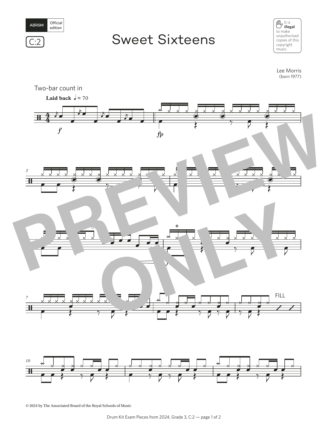 Download Lee Morris Sweet Sixteens (Grade 3, list C2, from the ABRSM Drum Kit Syllabus 2024) Sheet Music and learn how to play Drums PDF digital score in minutes