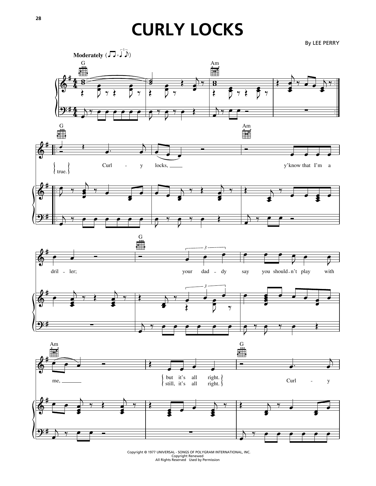 Download Lee Perry Curly Locks Sheet Music and learn how to play Piano, Vocal & Guitar Chords (Right-Hand Melody) PDF digital score in minutes