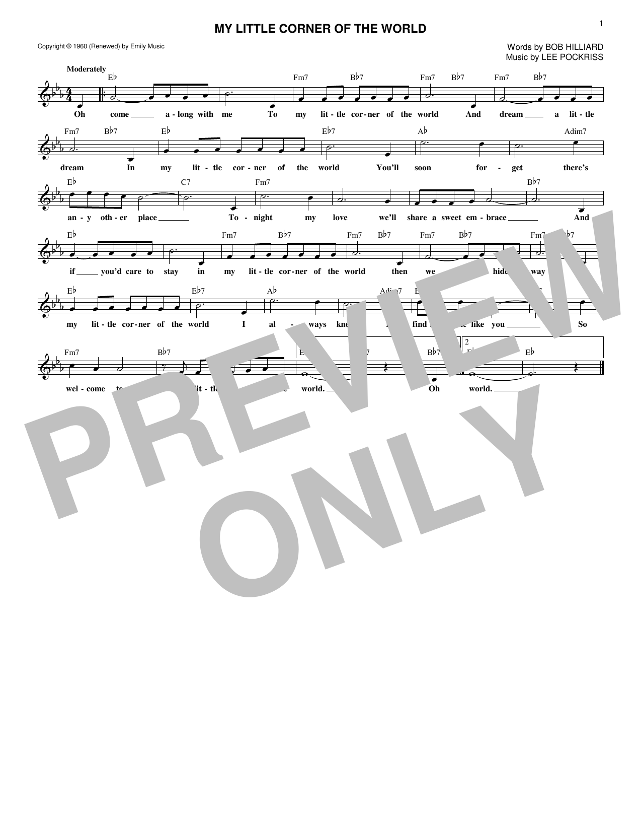 Download Lee Pockriss My Little Corner Of The World Sheet Music and learn how to play Melody Line, Lyrics & Chords PDF digital score in minutes