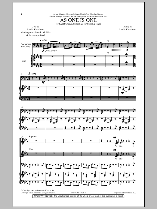 Download Lee R. Kesselman As One Is One Sheet Music and learn how to play SATB PDF digital score in minutes