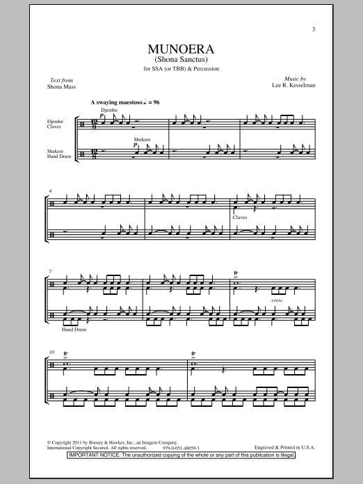 Download Lee R. Kesselman Munoera (Sanctus From The Shona Mass) Sheet Music and learn how to play SSA PDF digital score in minutes