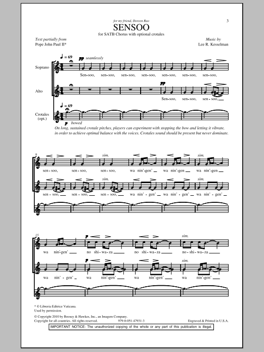 Download Lee R. Kesselman Sensoo Sheet Music and learn how to play SATB PDF digital score in minutes