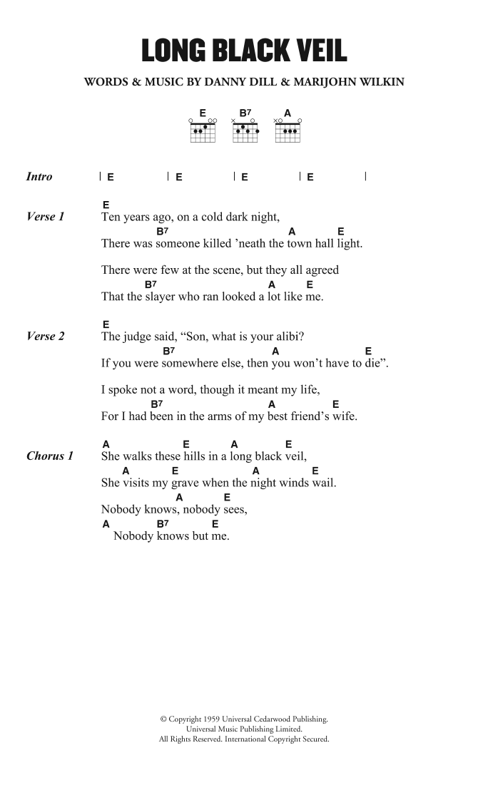 Download Lefty Frizzell Long Black Veil Sheet Music and learn how to play Lyrics & Chords PDF digital score in minutes