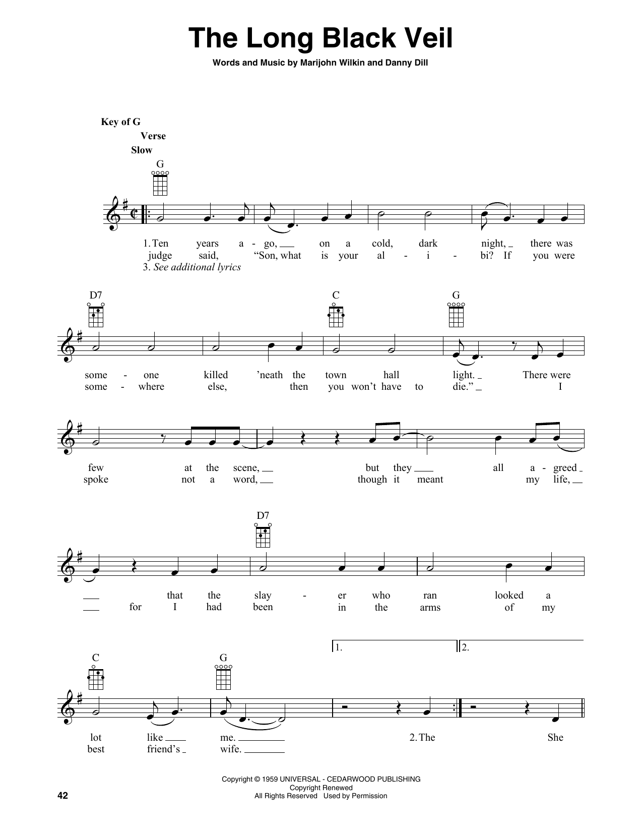Download Lefty Frizzell The Long Black Veil (arr. Fred Sokolow) Sheet Music and learn how to play Banjo Tab PDF digital score in minutes