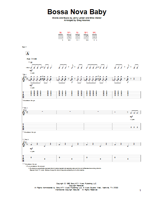 Download Leiber And Stoller Bossa Nova Baby Sheet Music and learn how to play Guitar Tab PDF digital score in minutes