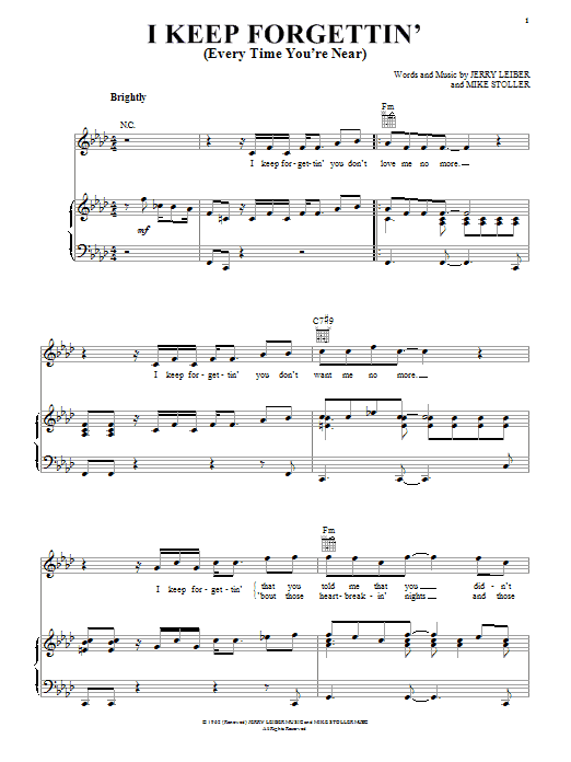 Download Leiber And Stoller I Keep Forgettin' (Every Time You're Near) Sheet Music and learn how to play Piano, Vocal & Guitar (Right-Hand Melody) PDF digital score in minutes