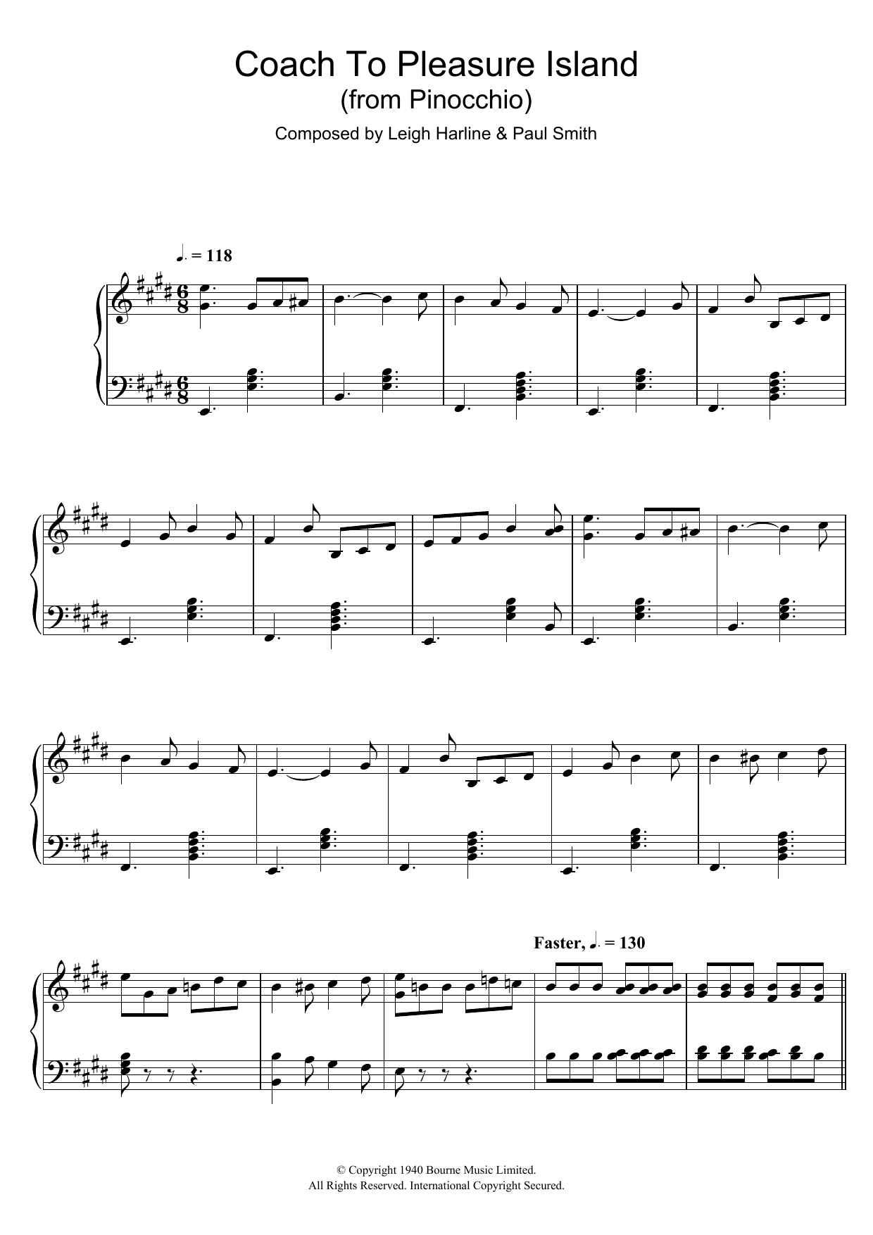 Download Leigh Harline Pinocchio (Coach To Pleasure Island) Sheet Music and learn how to play Piano PDF digital score in minutes