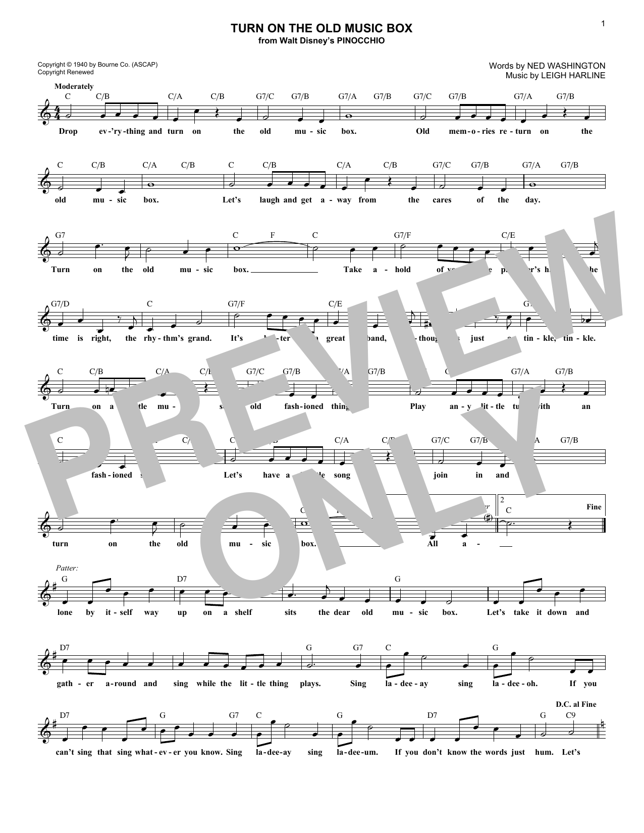 Download Leigh Harline Turn On The Old Music Box Sheet Music and learn how to play Melody Line, Lyrics & Chords PDF digital score in minutes