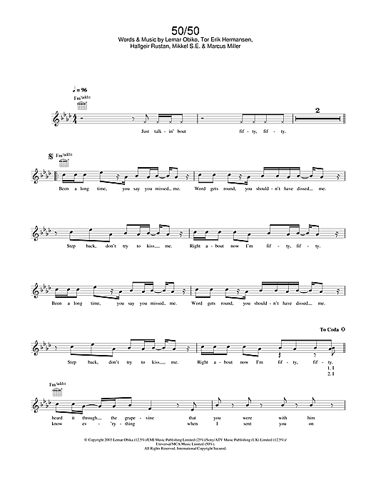 Download Lemar 50/50 Sheet Music and learn how to play Melody Line, Lyrics & Chords PDF digital score in minutes