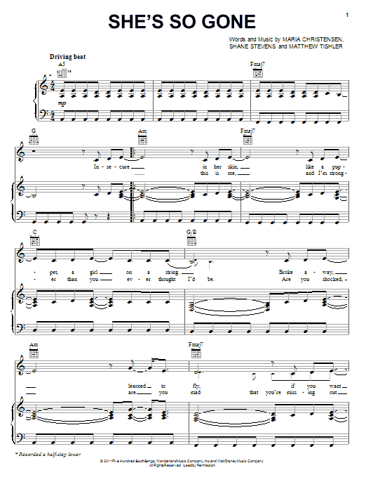 Download Lemonade Mouth (Movie) She's So Gone Sheet Music and learn how to play Piano, Vocal & Guitar (Right-Hand Melody) PDF digital score in minutes