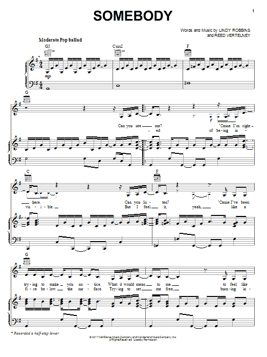 Download Lemonade Mouth (Movie) Somebody Sheet Music and learn how to play Piano, Vocal & Guitar (Right-Hand Melody) PDF digital score in minutes