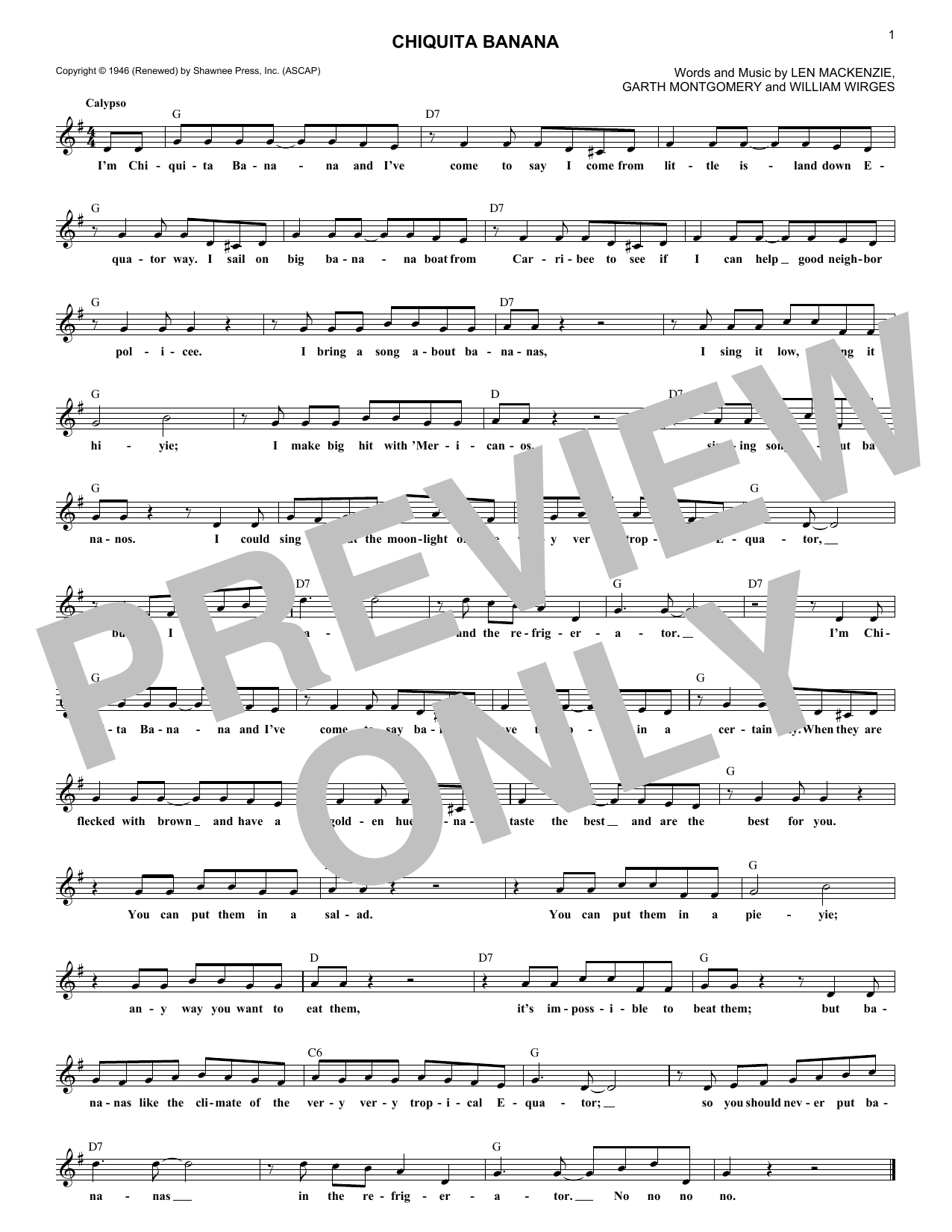 Download Len Mackenzie Chiquita Banana Sheet Music and learn how to play Melody Line, Lyrics & Chords PDF digital score in minutes
