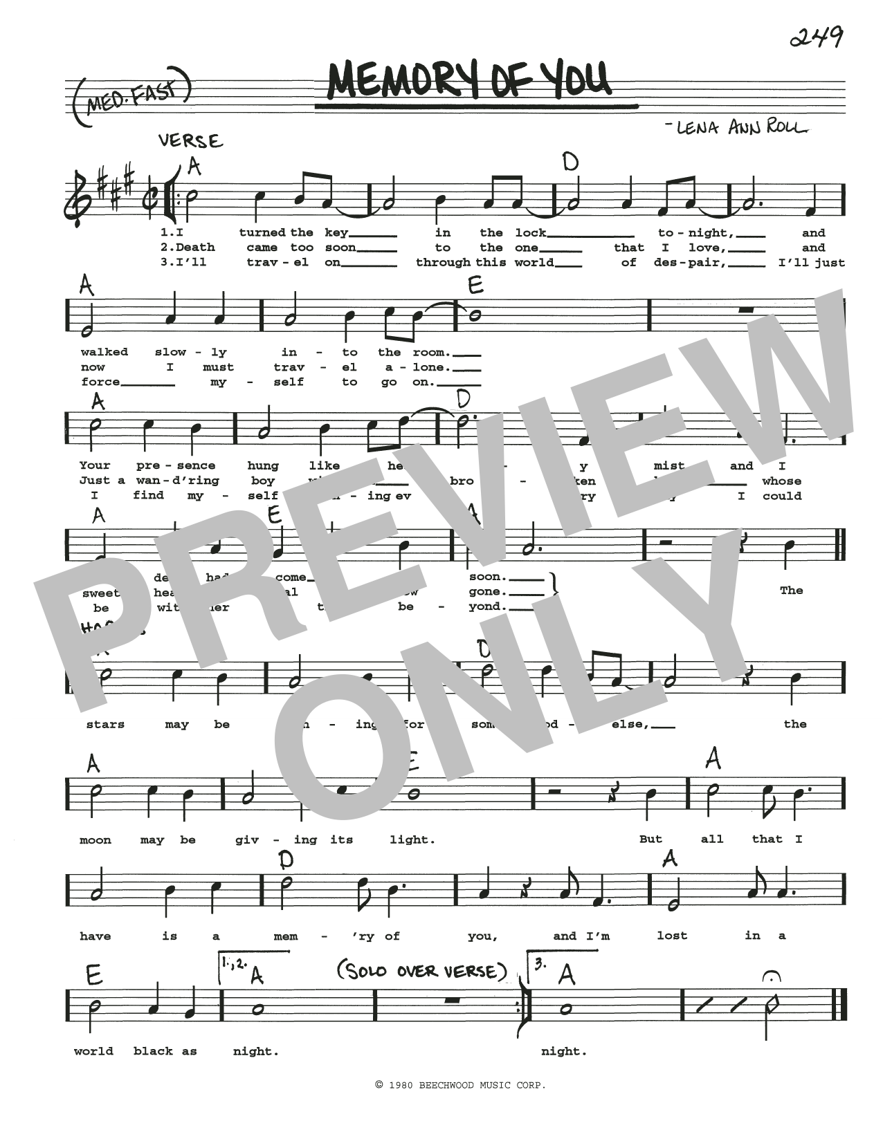 Download Lena Ann Roll Memory Of You Sheet Music and learn how to play Real Book – Melody, Lyrics & Chords PDF digital score in minutes