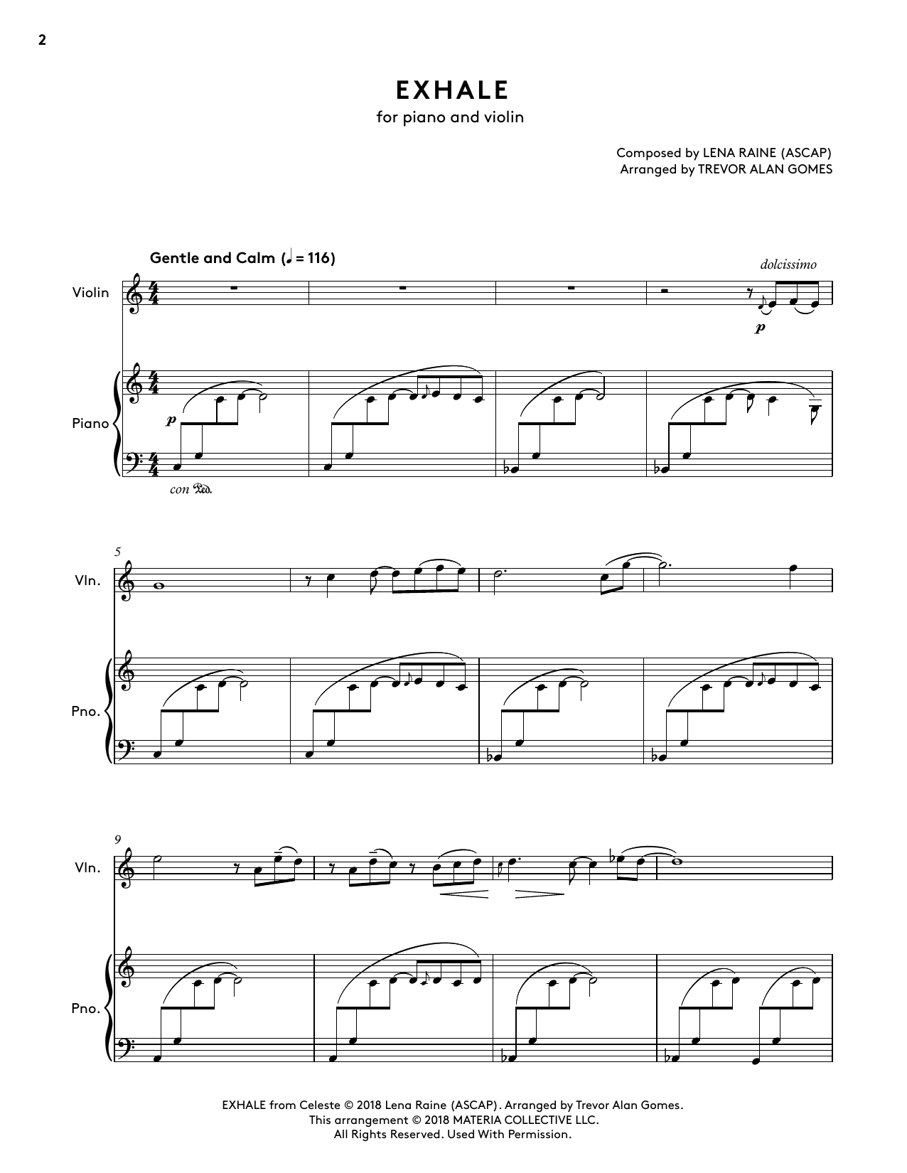 Download Lena Raine Exhale (from Celeste Piano Collections) (arr. Trevor Alan Gomes) Sheet Music and learn how to play Violin and Piano PDF digital score in minutes
