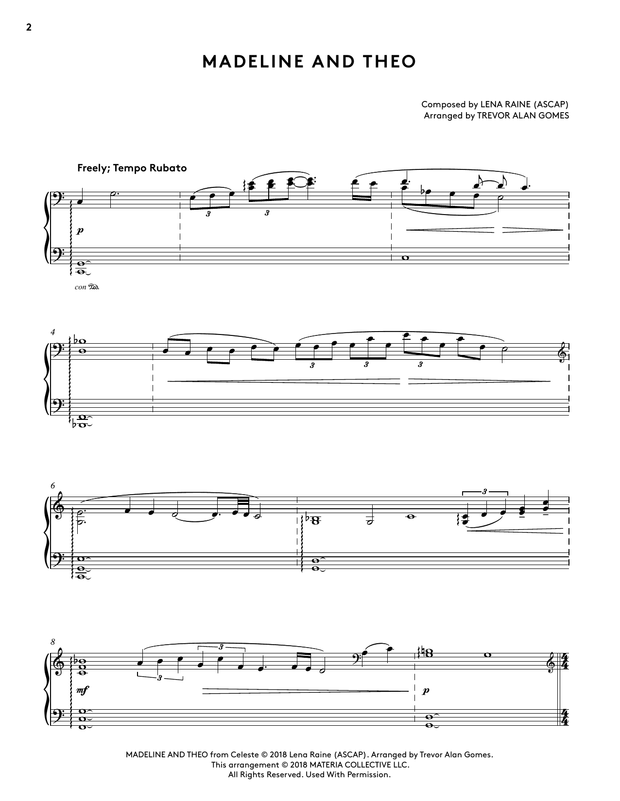 Download Lena Raine Madeline And Theo (from Celeste Piano Collections) (arr. Trevor Alan Gomes) Sheet Music and learn how to play Piano Solo PDF digital score in minutes