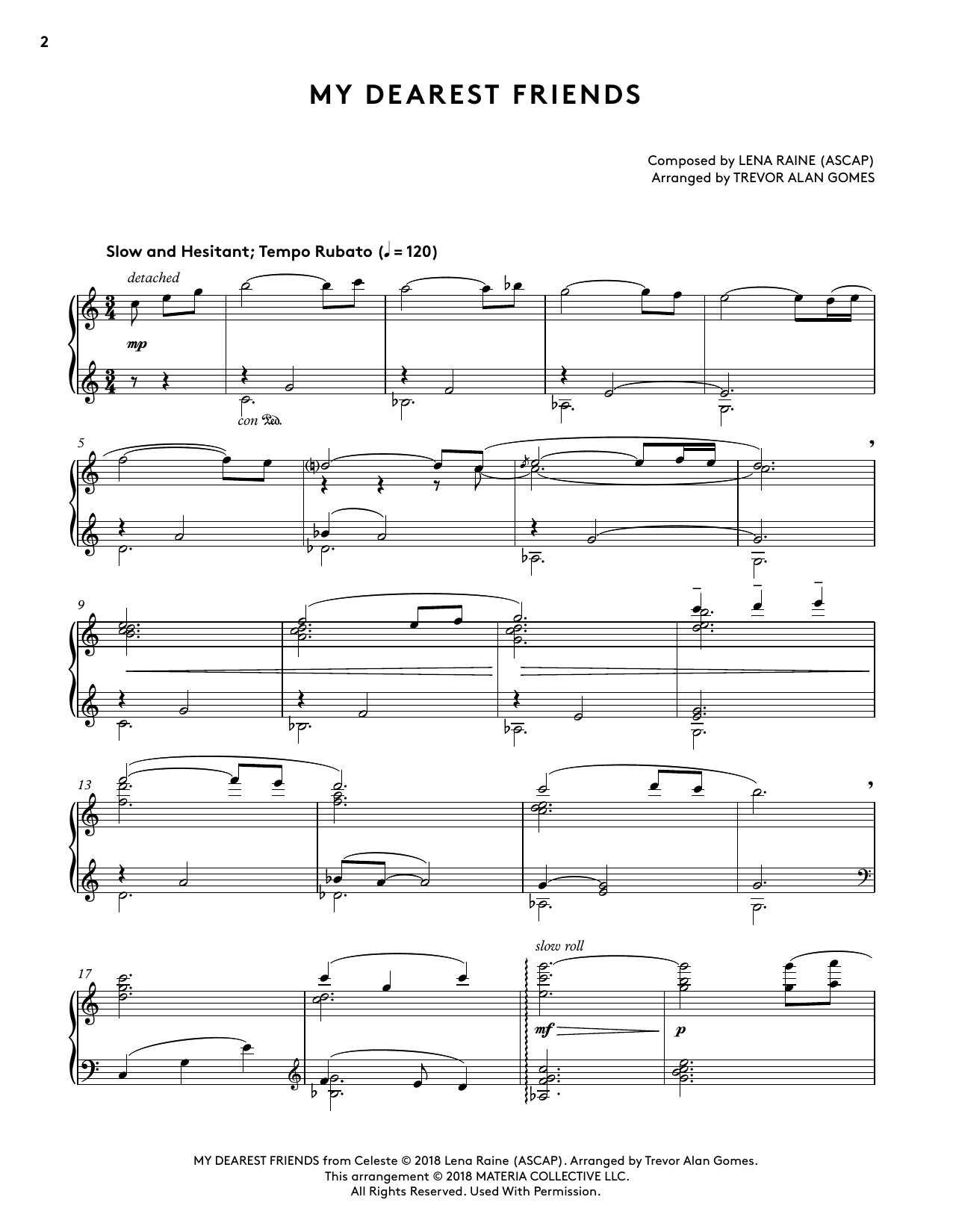 Download Lena Raine My Dearest Friends (from Celeste Piano Collections) (arr. Trevor Alan Gomes) Sheet Music and learn how to play Piano Solo PDF digital score in minutes