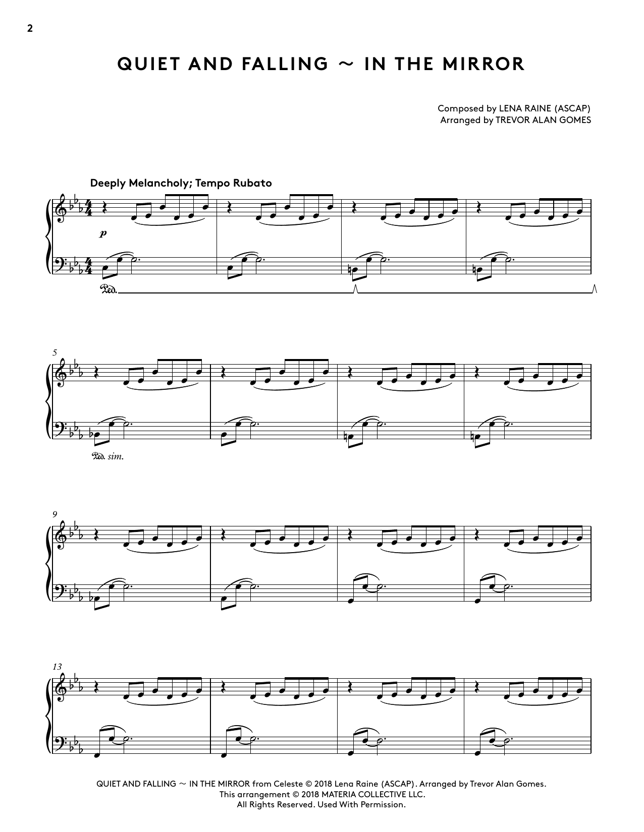 Download Lena Raine Quiet And Falling - In The Mirror (from Celeste Piano Collections) (arr. Trevor Sheet Music and learn how to play Piano Solo PDF digital score in minutes