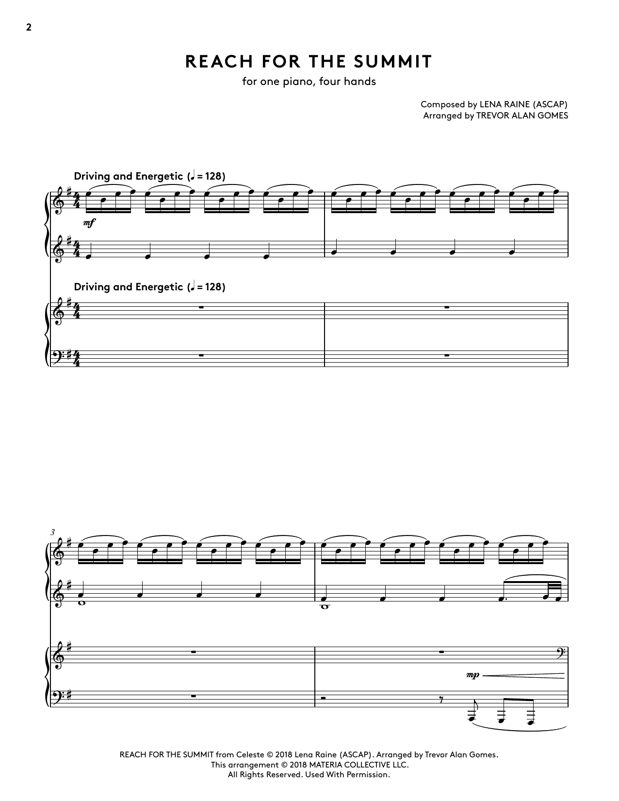 Download Lena Raine Reach For The Summit (from Celeste Piano Collections) (arr. Trevor Alan Gomes) Sheet Music and learn how to play Piano Duet PDF digital score in minutes