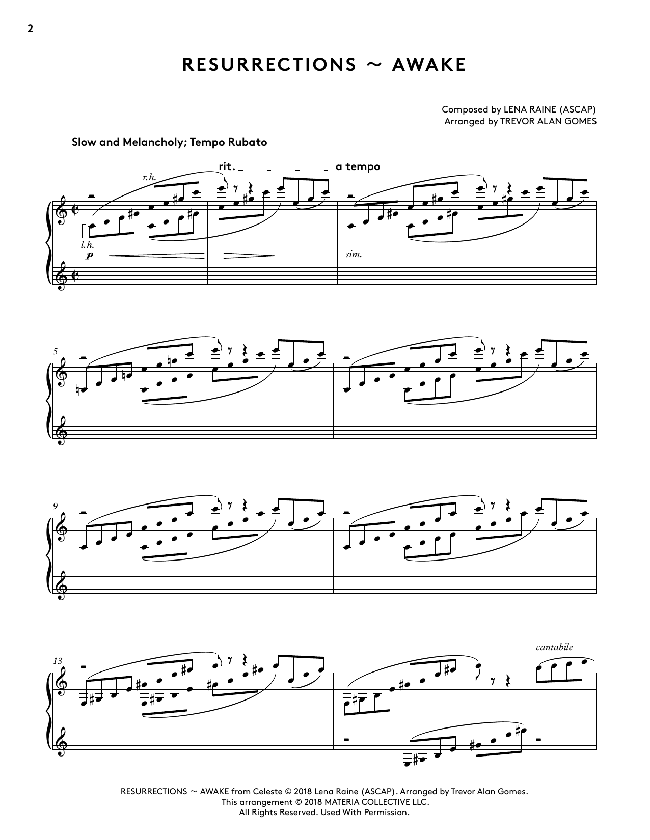 Download Lena Raine Resurrections - Awake (from Celeste Piano Collections) (arr. Trevor Alan Gomes) Sheet Music and learn how to play Piano Solo PDF digital score in minutes