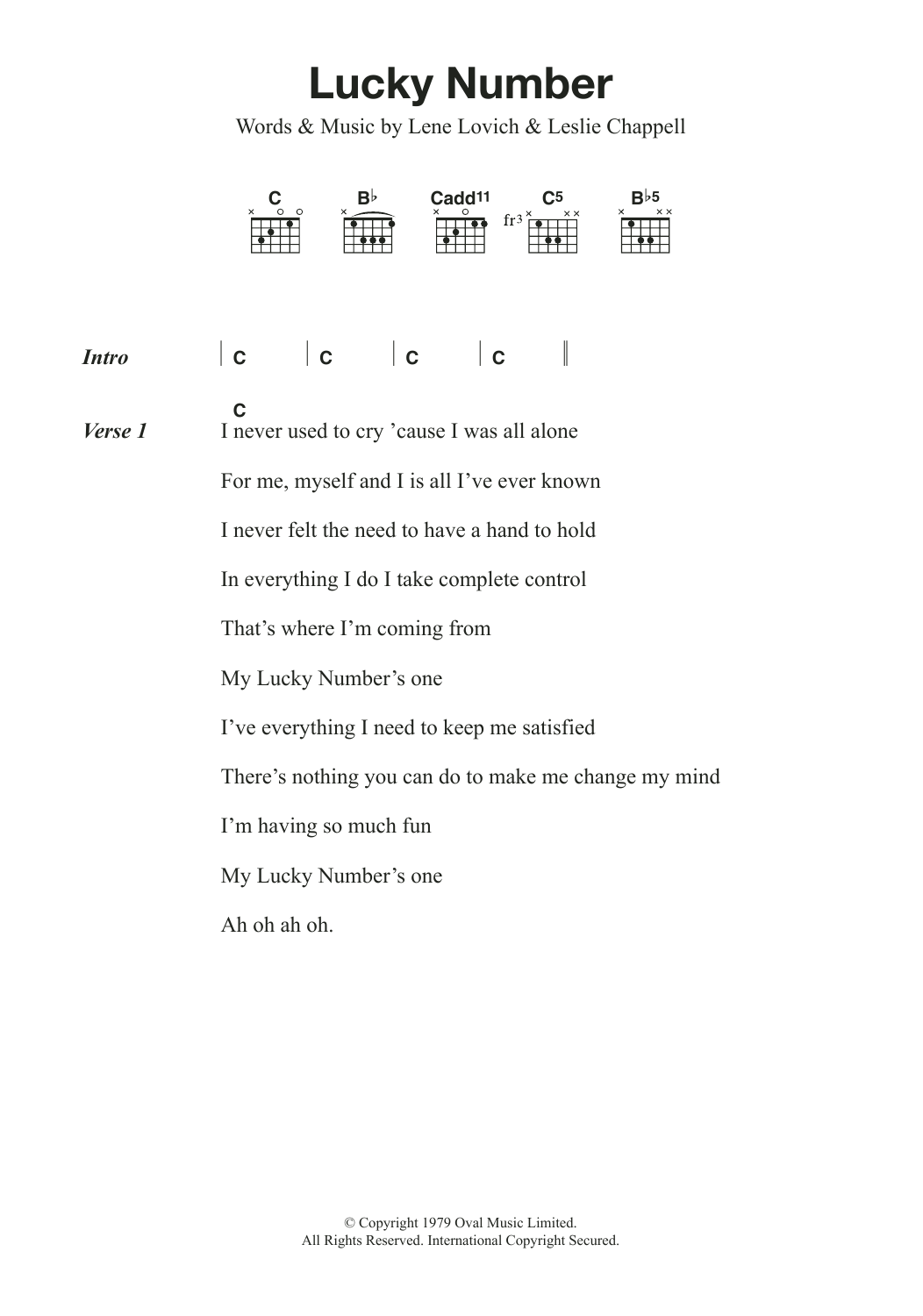 Download Lene Lovich Lucky Number Sheet Music and learn how to play Lyrics & Chords PDF digital score in minutes