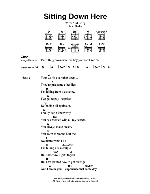 Download Lene Marlin Sitting Down Here Sheet Music and learn how to play Lyrics & Chords PDF digital score in minutes