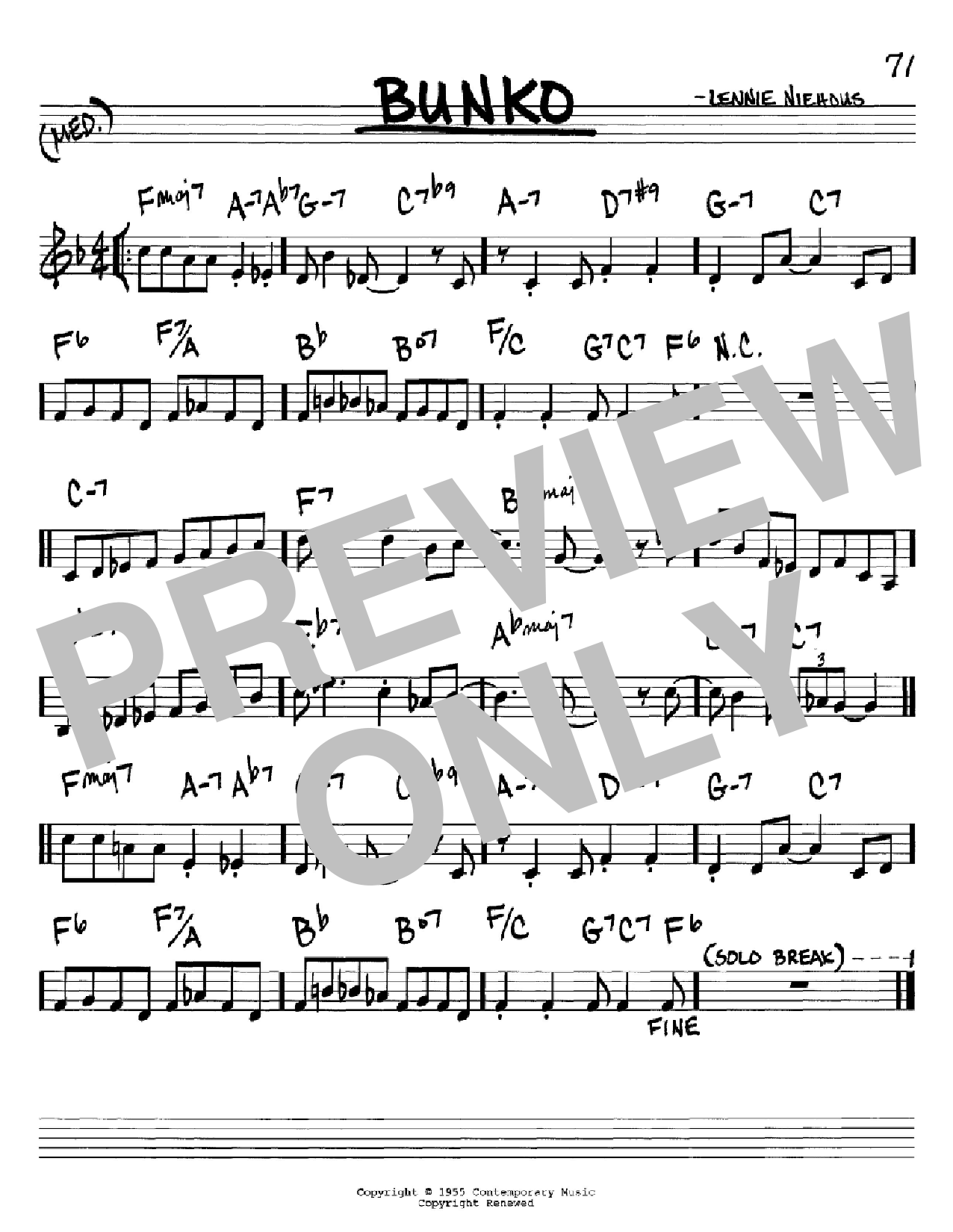 Download Lennie Niehous Bunko Sheet Music and learn how to play Real Book - Melody & Chords - C Instruments PDF digital score in minutes
