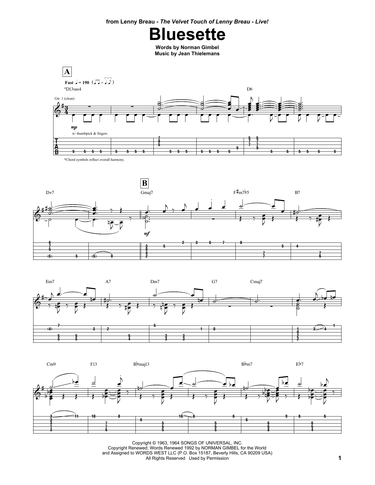 Download Lenny Breau Bluesette Sheet Music and learn how to play Guitar Tab PDF digital score in minutes