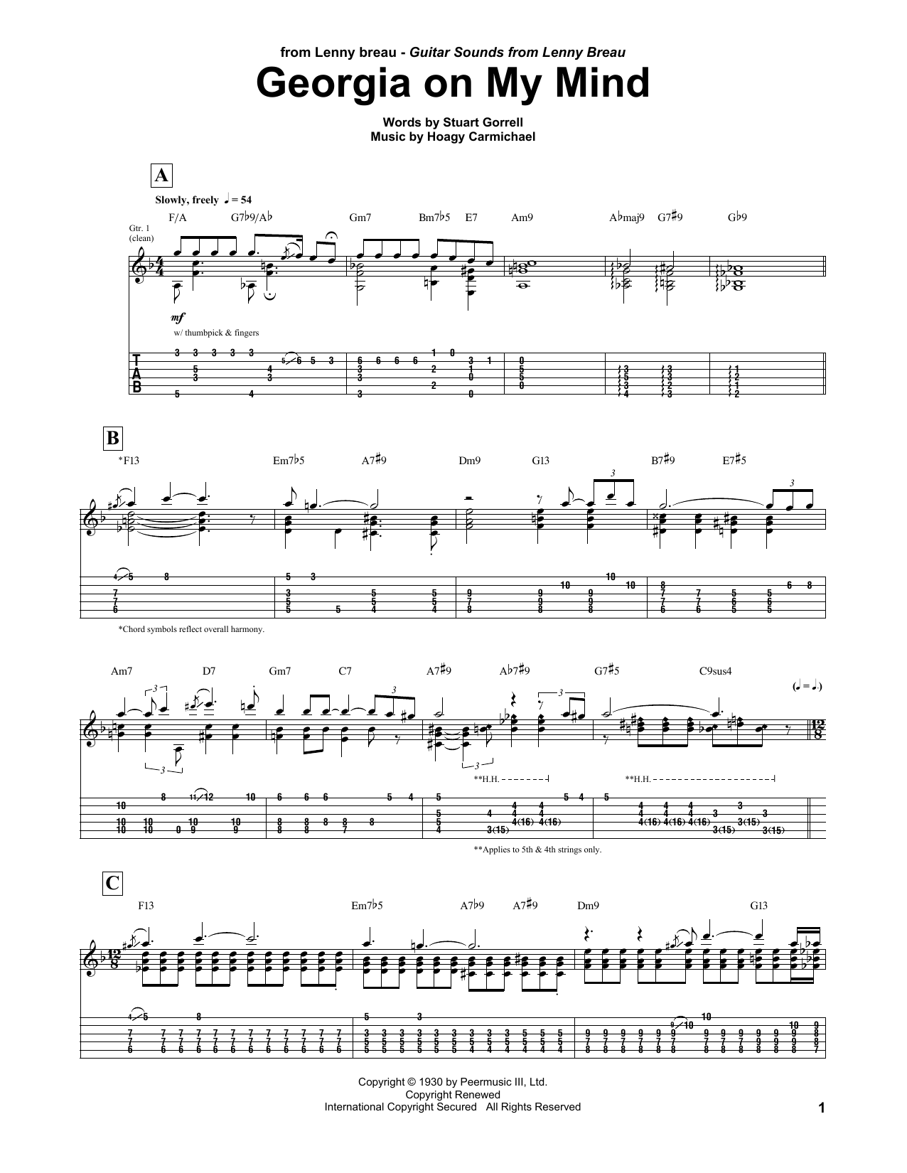 Download Lenny Breau Georgia On My Mind Sheet Music and learn how to play Guitar Tab PDF digital score in minutes