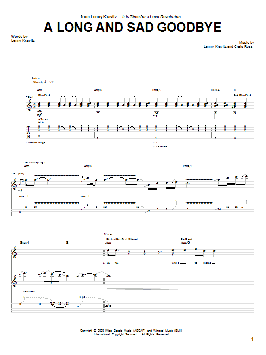 Download Lenny Kravitz A Long And Sad Goodbye Sheet Music and learn how to play Guitar Tab PDF digital score in minutes