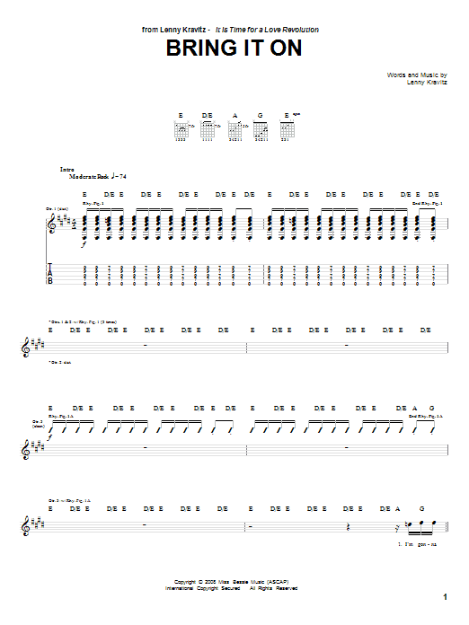 Download Lenny Kravitz Bring It On Sheet Music and learn how to play Guitar Tab PDF digital score in minutes