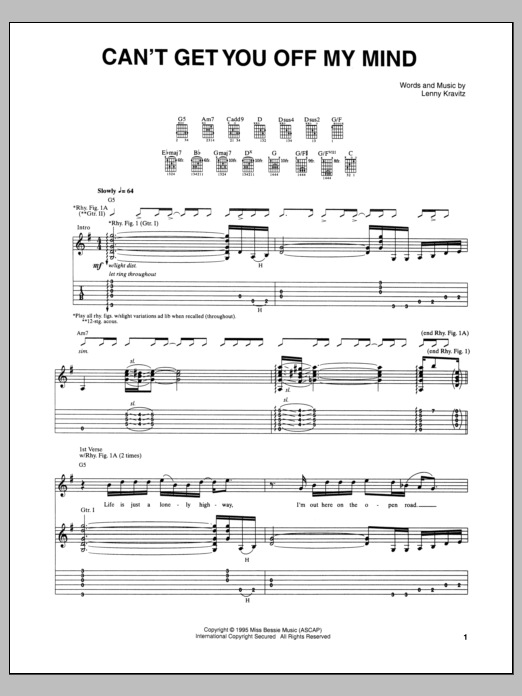 Download Lenny Kravitz Can't Get You Off My Mind Sheet Music and learn how to play Guitar Tab PDF digital score in minutes