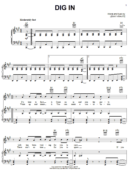 Download Lenny Kravitz Dig In Sheet Music and learn how to play Piano, Vocal & Guitar (Right-Hand Melody) PDF digital score in minutes