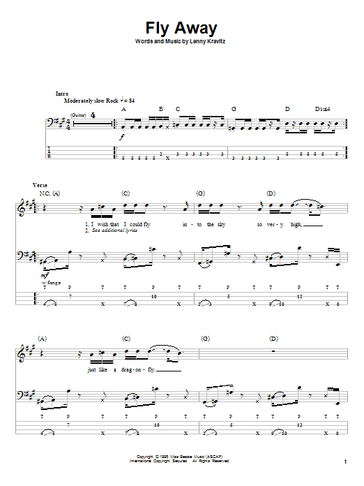 Download Lenny Kravitz Fly Away Sheet Music and learn how to play Bass Guitar Tab PDF digital score in minutes