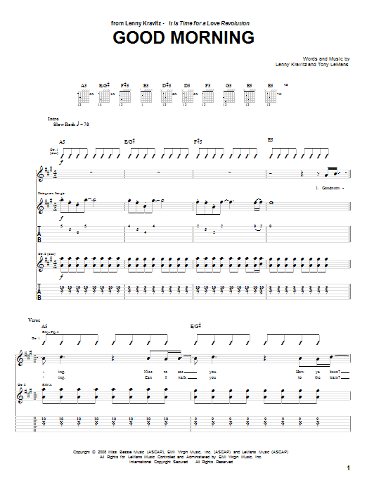 Download Lenny Kravitz Good Morning Sheet Music and learn how to play Guitar Tab PDF digital score in minutes