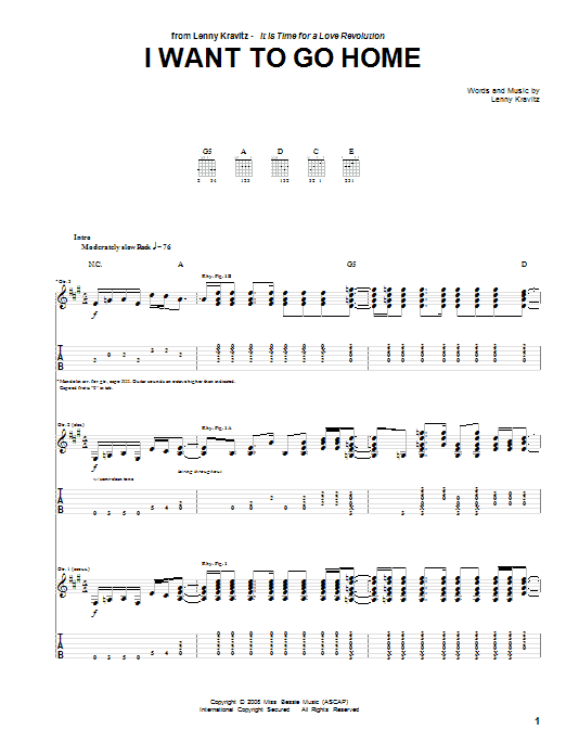 Download Lenny Kravitz I Want To Go Home Sheet Music and learn how to play Guitar Tab PDF digital score in minutes