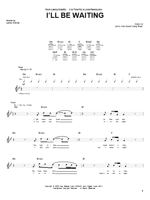 Download Lenny Kravitz I'll Be Waiting Sheet Music and learn how to play Guitar Tab PDF digital score in minutes