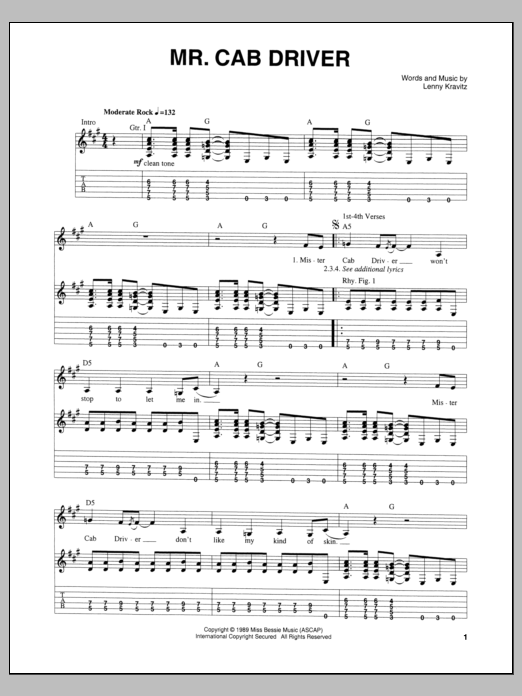 Download Lenny Kravitz Mr. Cab Driver Sheet Music and learn how to play Guitar Tab PDF digital score in minutes