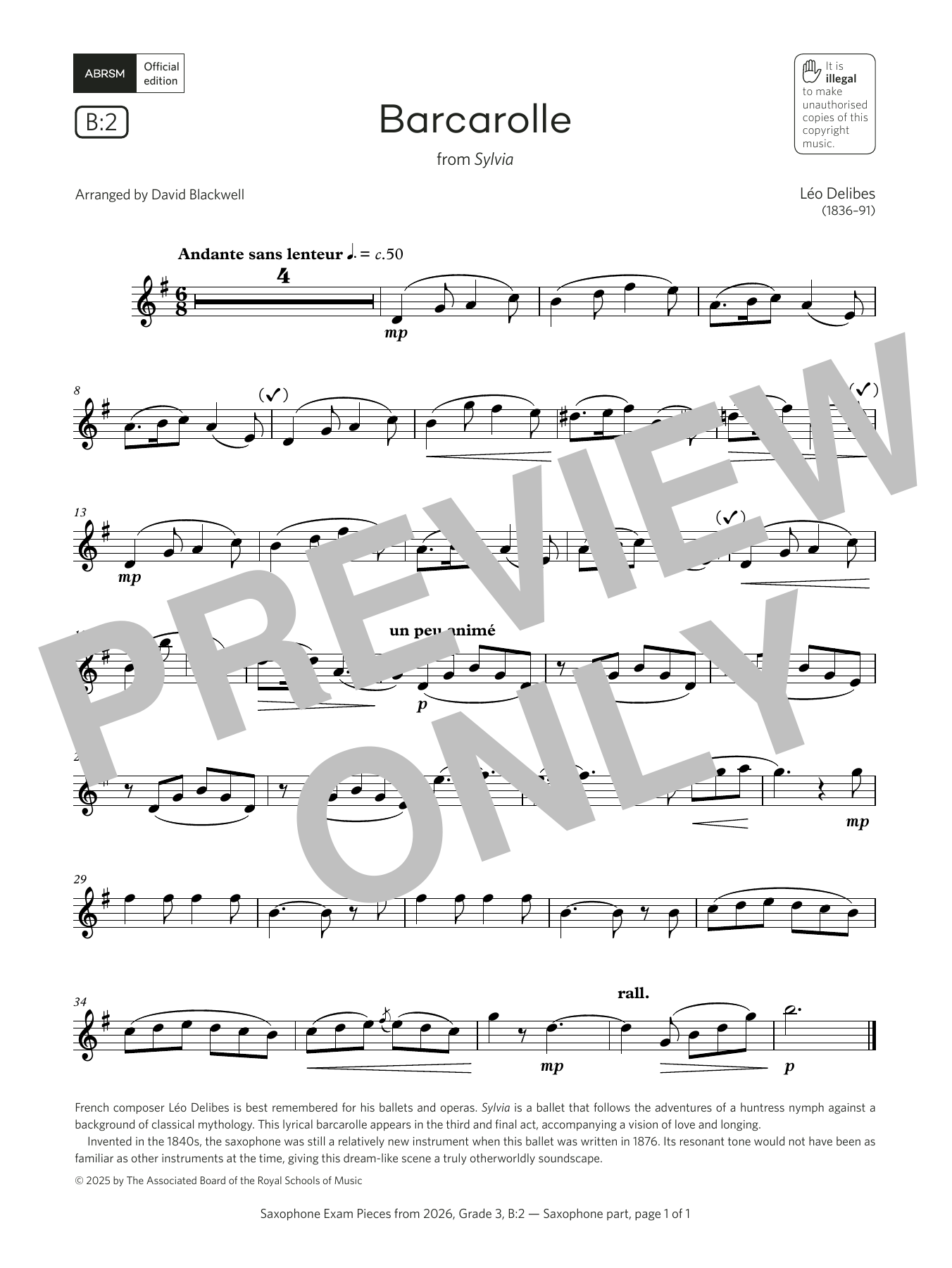 Download Léo Delibes Barcarolle (Grade 3, list B2, from the ABRSM Saxophone Syllabus from 2026) Sheet Music and learn how to play Alto Sax Solo PDF digital score in minutes