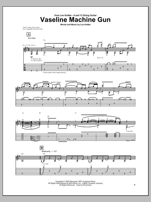 Download Leo Kottke Vaseline Machine Gun Sheet Music and learn how to play Guitar Tab PDF digital score in minutes