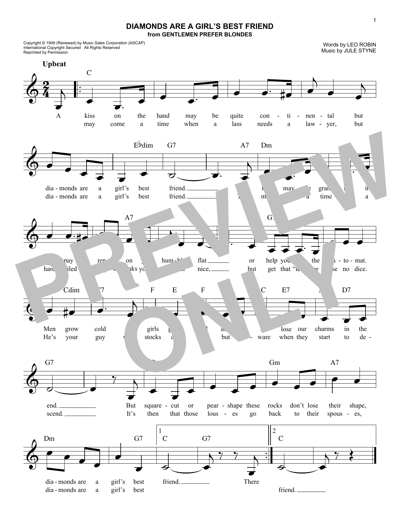 Download Leo Robin Diamonds Are A Girl's Best Friend Sheet Music and learn how to play Melody Line, Lyrics & Chords PDF digital score in minutes