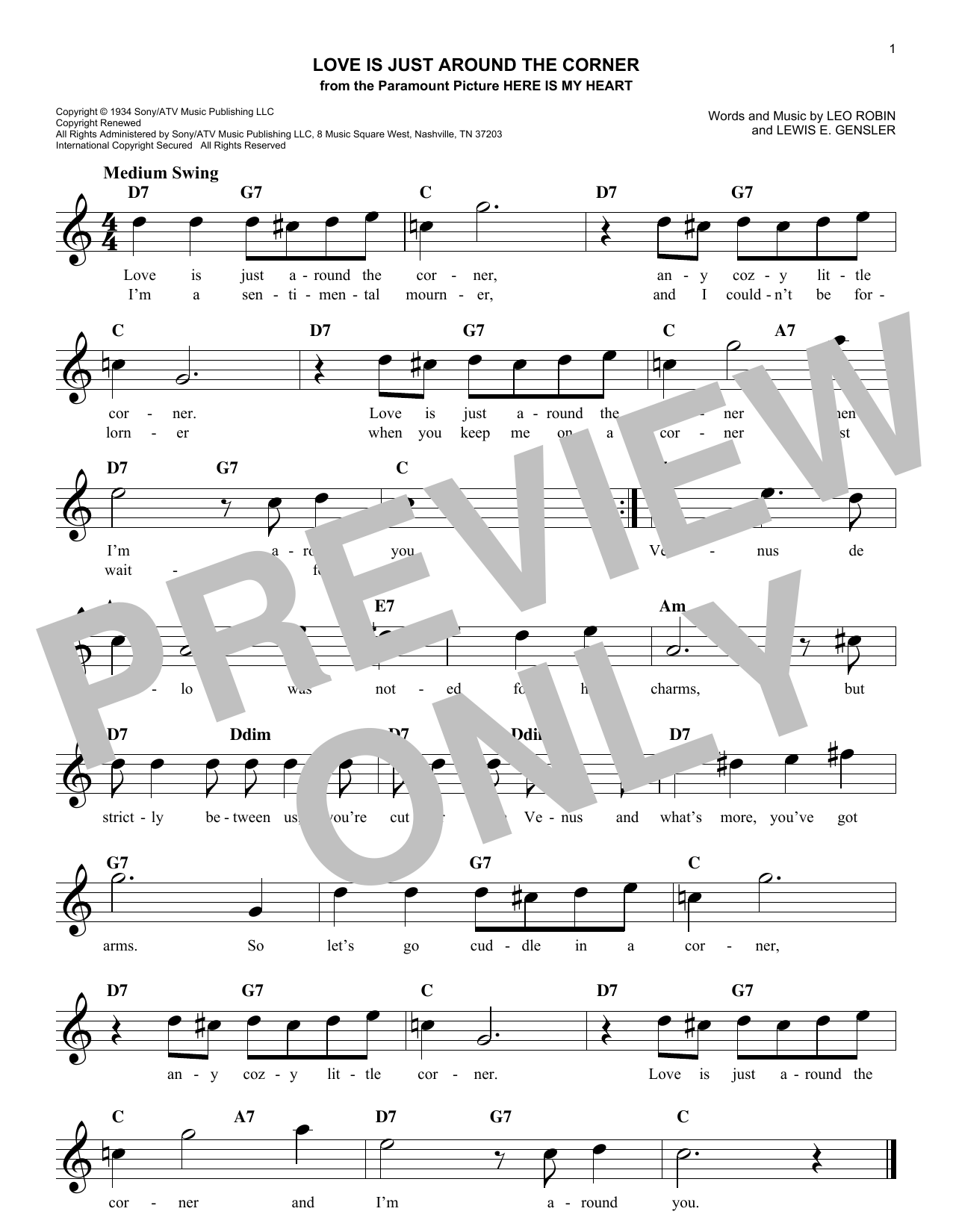 Download Leo Robin Love Is Just Around The Corner Sheet Music and learn how to play Melody Line, Lyrics & Chords PDF digital score in minutes