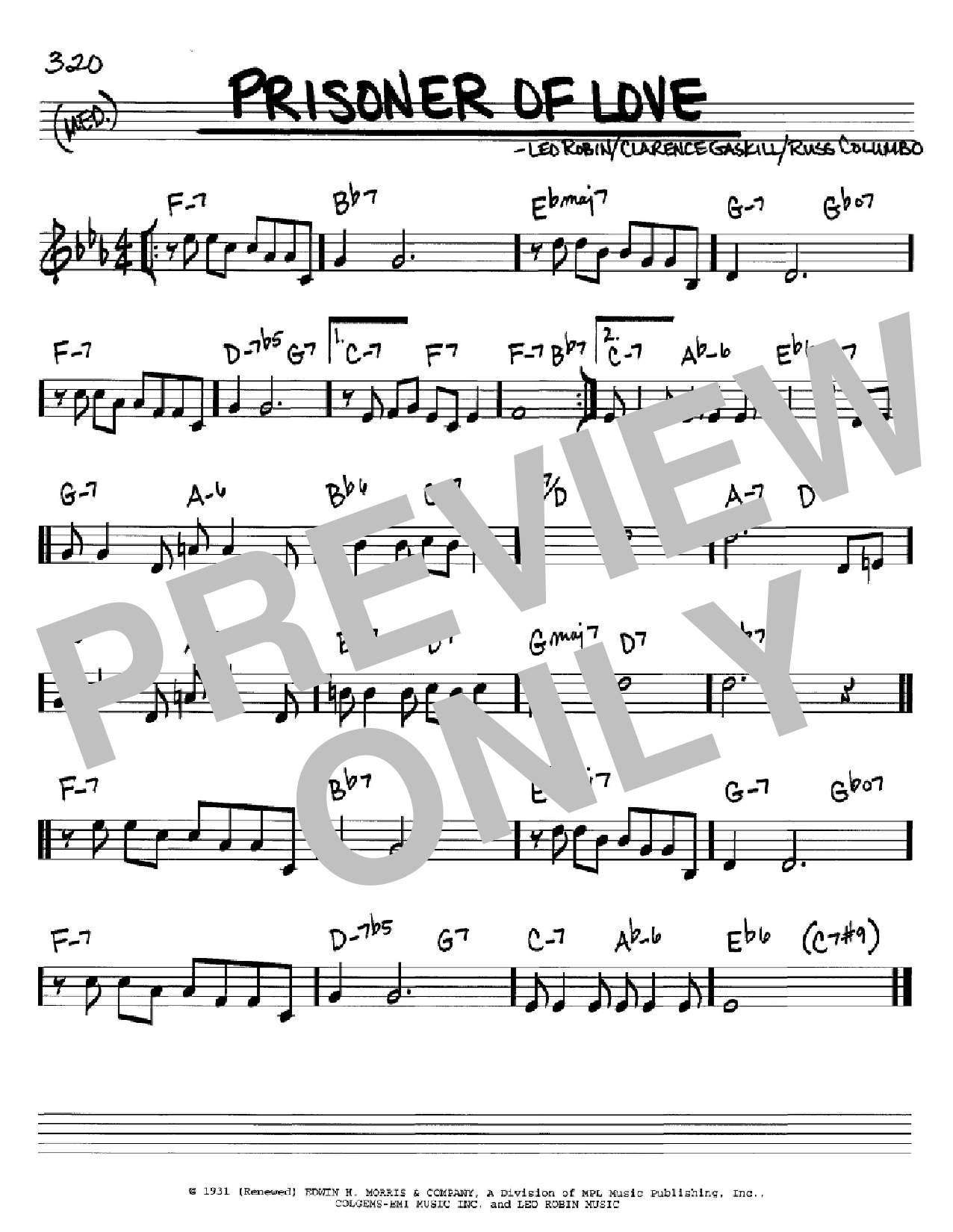 Download Leo Robin Prisoner Of Love Sheet Music and learn how to play Real Book - Melody, Lyrics & Chords - C Instruments PDF digital score in minutes