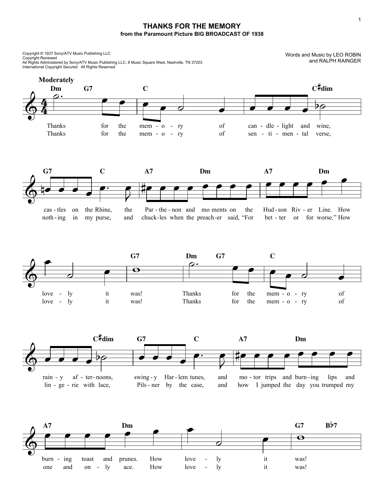 Download Leo Robin Thanks For The Memory Sheet Music and learn how to play Melody Line, Lyrics & Chords PDF digital score in minutes