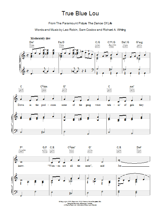 Download Leo Robin True Blue Lou Sheet Music and learn how to play Piano, Vocal & Guitar (Right-Hand Melody) PDF digital score in minutes