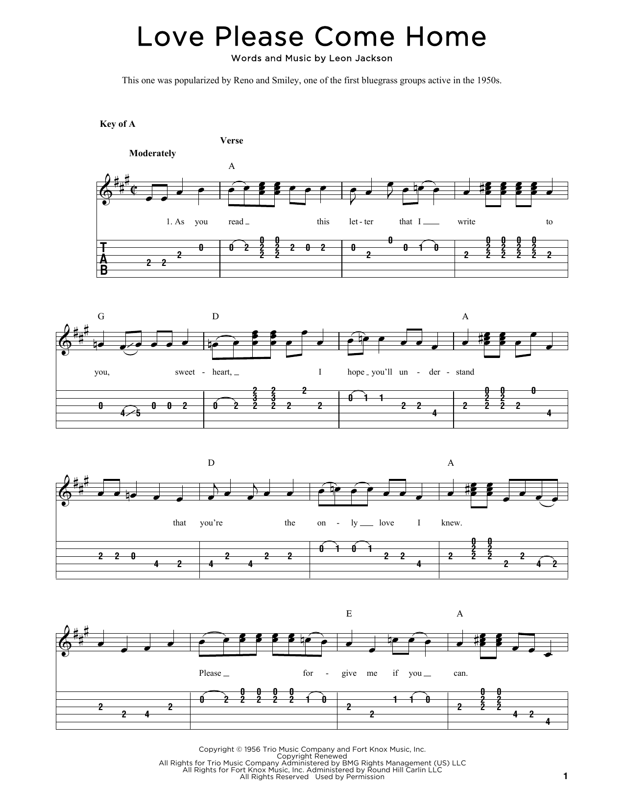 Download Leon Jackson Love Please Come Home (arr. Fred Sokolow) Sheet Music and learn how to play Banjo Tab PDF digital score in minutes