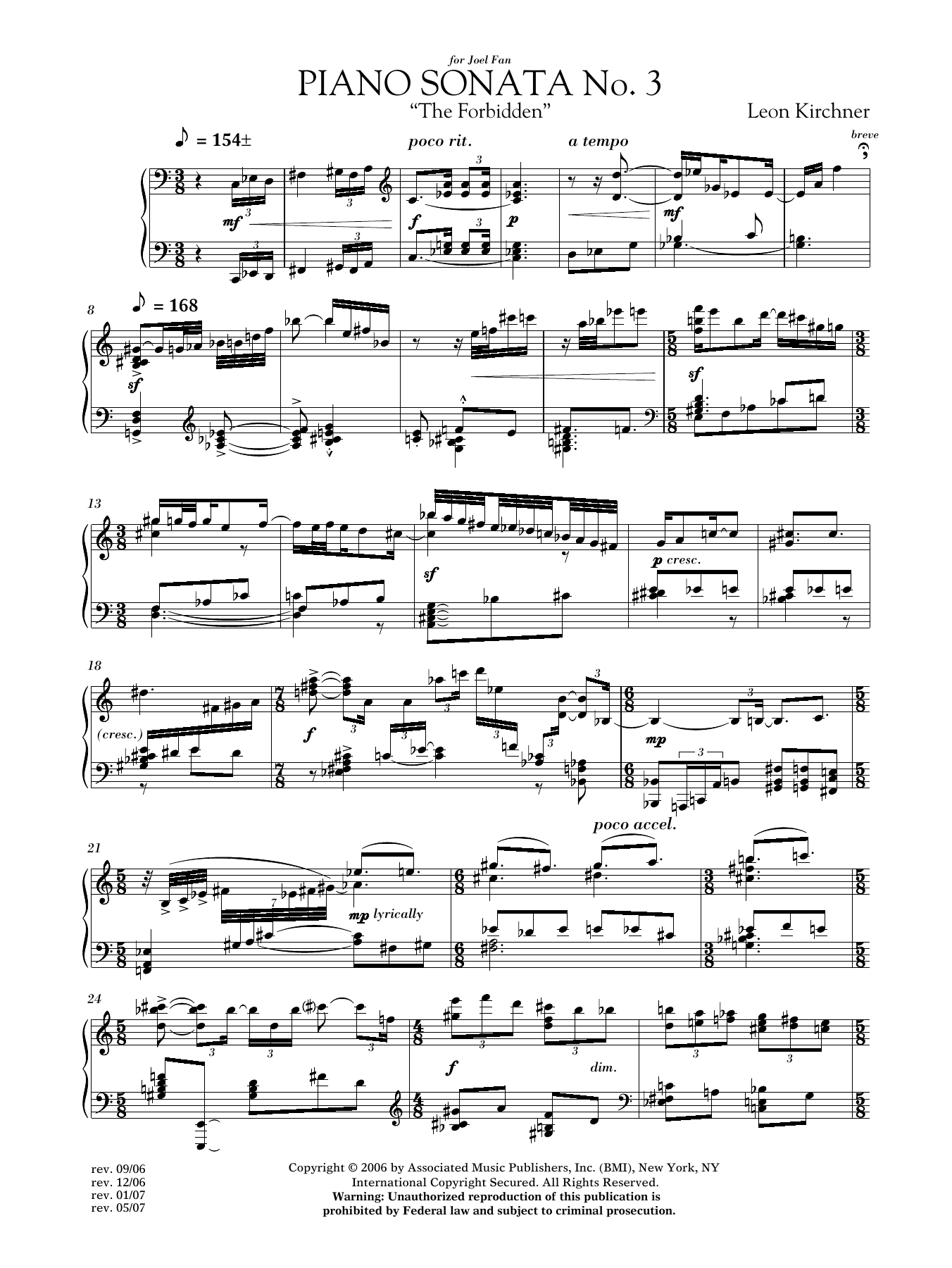 Download Leon Kirchner Piano Sonata No. 3 (The Forbidden) Sheet Music and learn how to play Piano PDF digital score in minutes