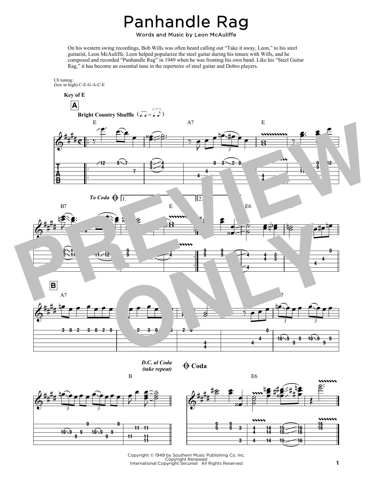 Download Leon McAuliffe Panhandle Rag Sheet Music and learn how to play Dobro PDF digital score in minutes
