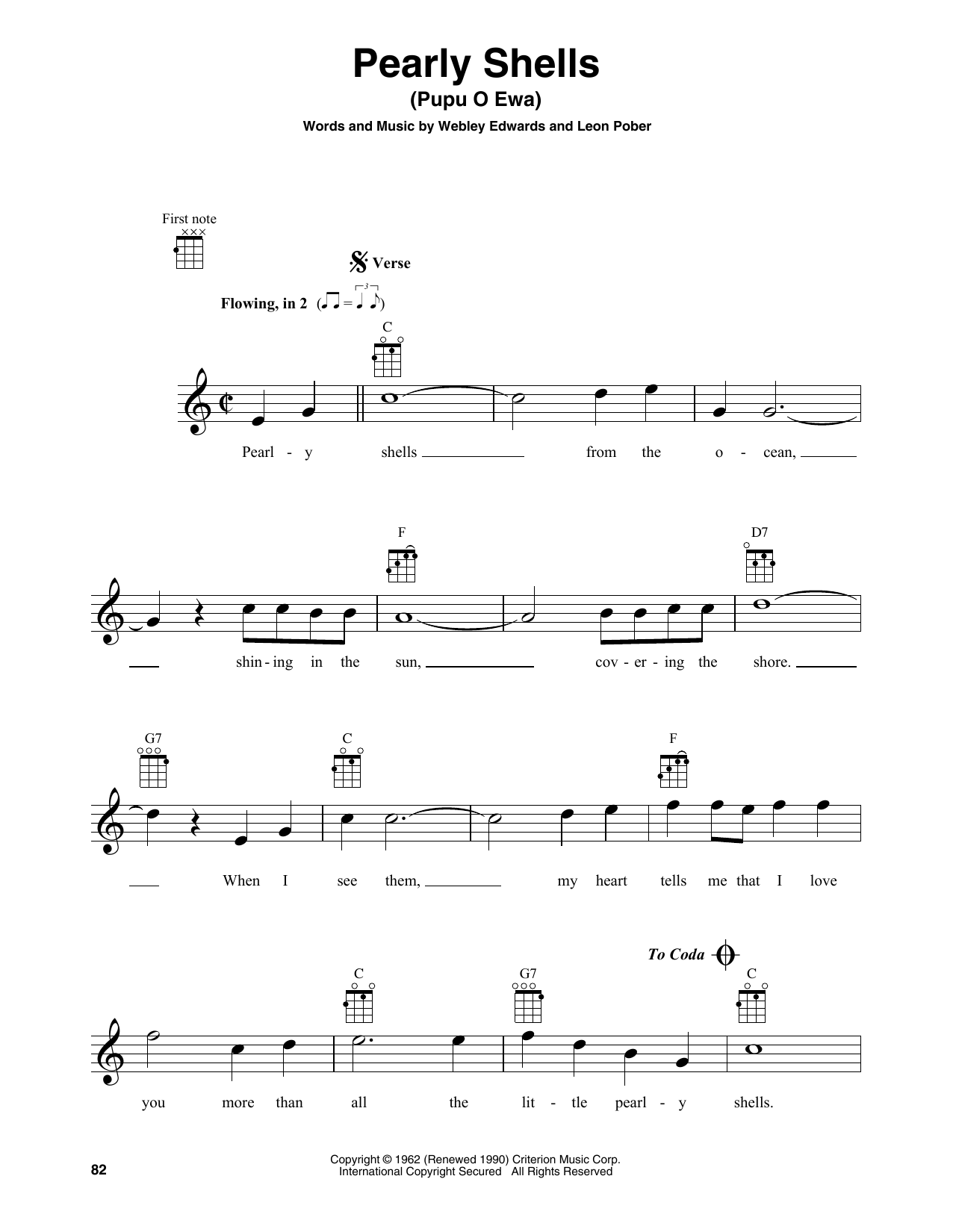 Download Leon Pober Pearly Shells (Pupu O Ewa) Sheet Music and learn how to play Baritone Ukulele PDF digital score in minutes